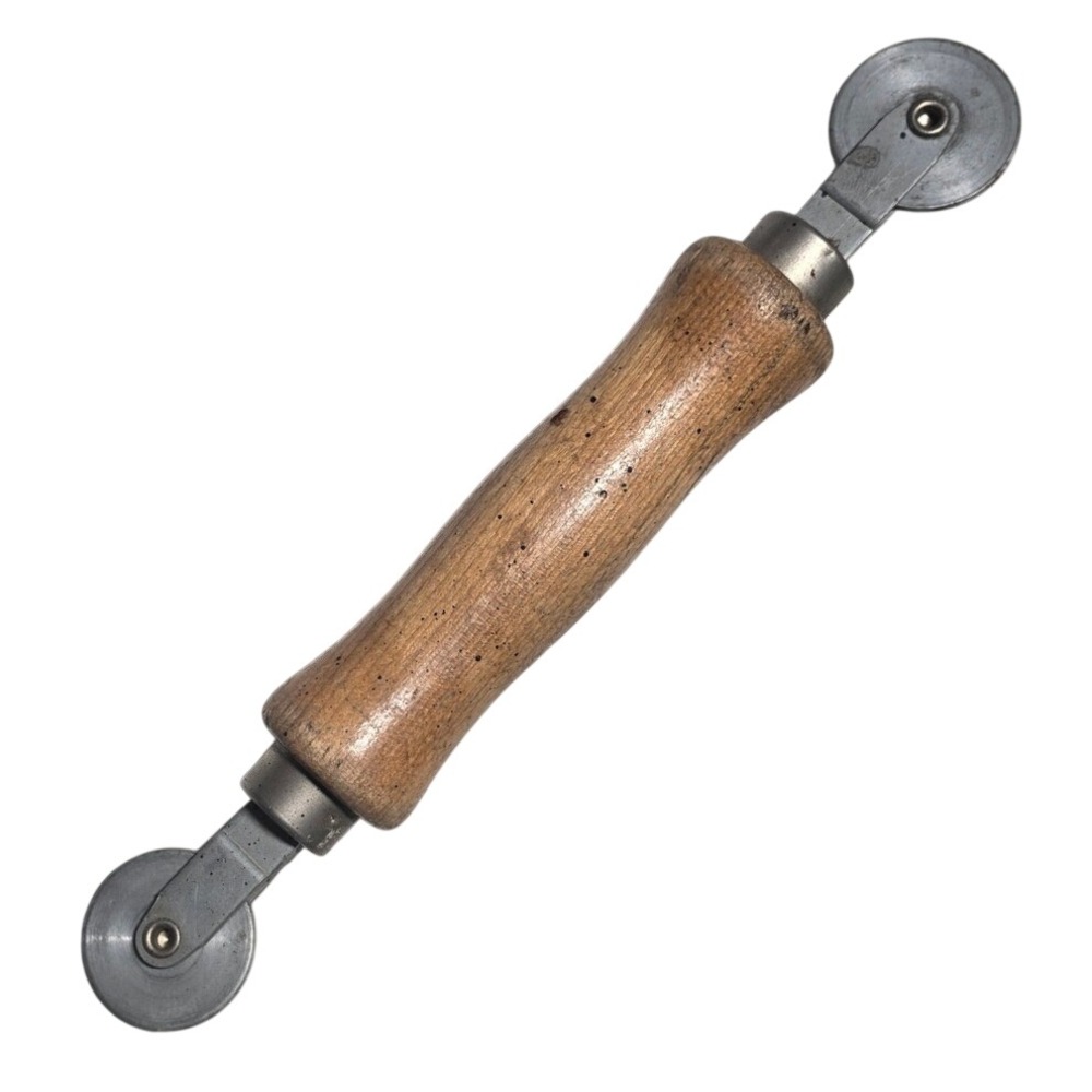 Vintage Double Ended Screen Rolling Tool Wood Handle Steel Spline Roller Wheels